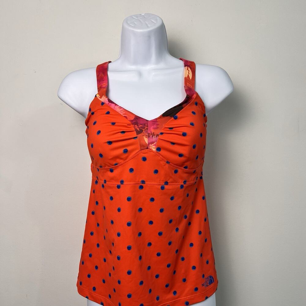 The North Face Tankini Top Womens Small Red-orange Blue Polka Dot Racerback